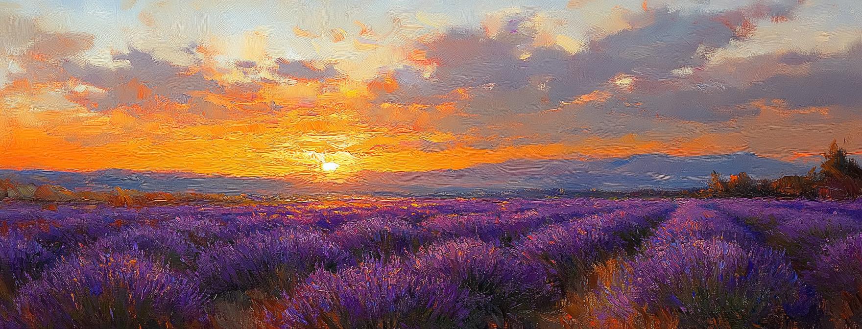 A sprawling lavender field at sunset, where the purple blossoms glow under a golden sky transitioning into deep indigos, captured in the dreamy brushstrokes of Impressionism --chaos 30 --ar 20578 --style raw --stylize 400 --v 6.1