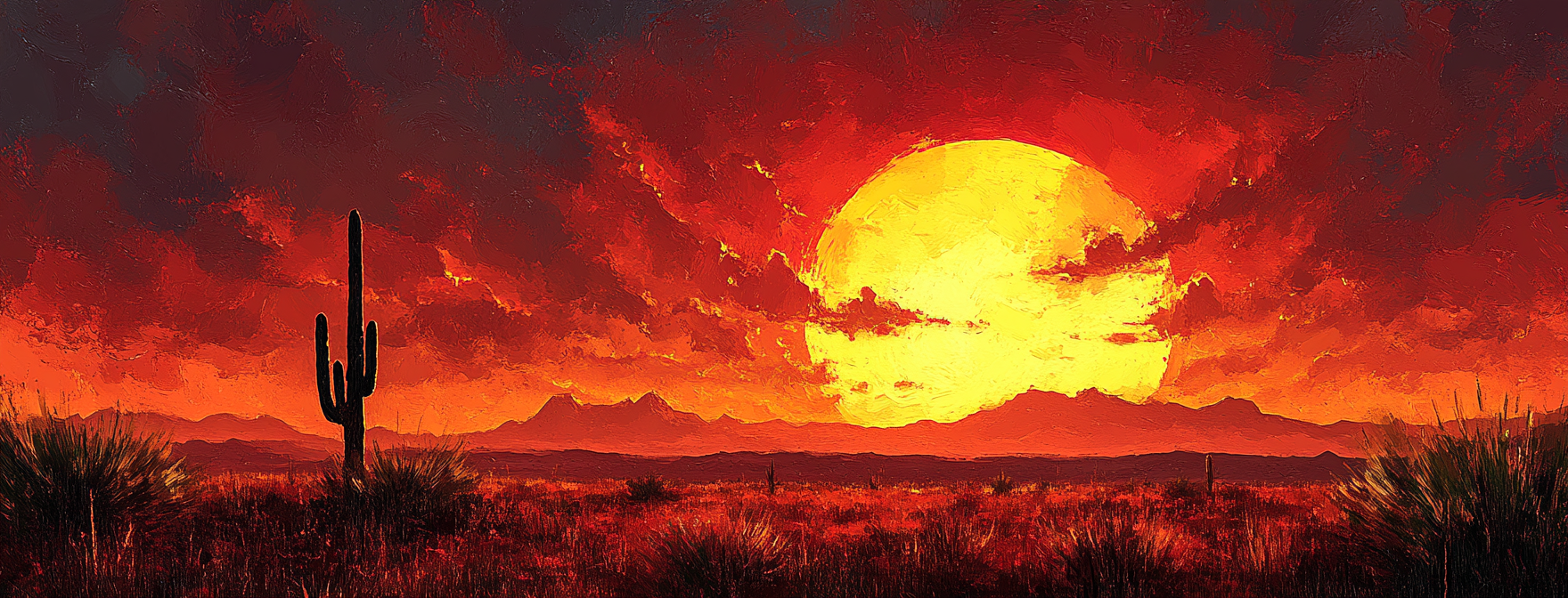 A vast desert plain with a lone saguaro cactus silhouetted against a fiery sunset, painted in the exaggerated, emotional style of Expressionism --chaos 20 --ar 20578 --style raw --stylize 400 --v 6.1