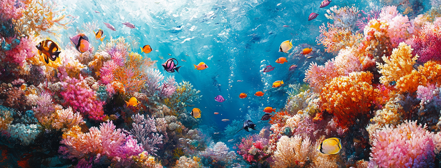 A vibrant coral reef teeming with marine life painted in the rich detailed strokes of Painterly realism